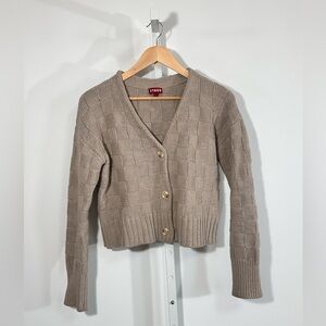 STAUD Cropped Knit Cardigan Taupe Checker Knit Button Front Sweater S